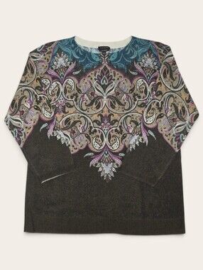 Women's Talbots Brown Paisley Crewneck Cashmere Sweater with 3/4-length Sleeves